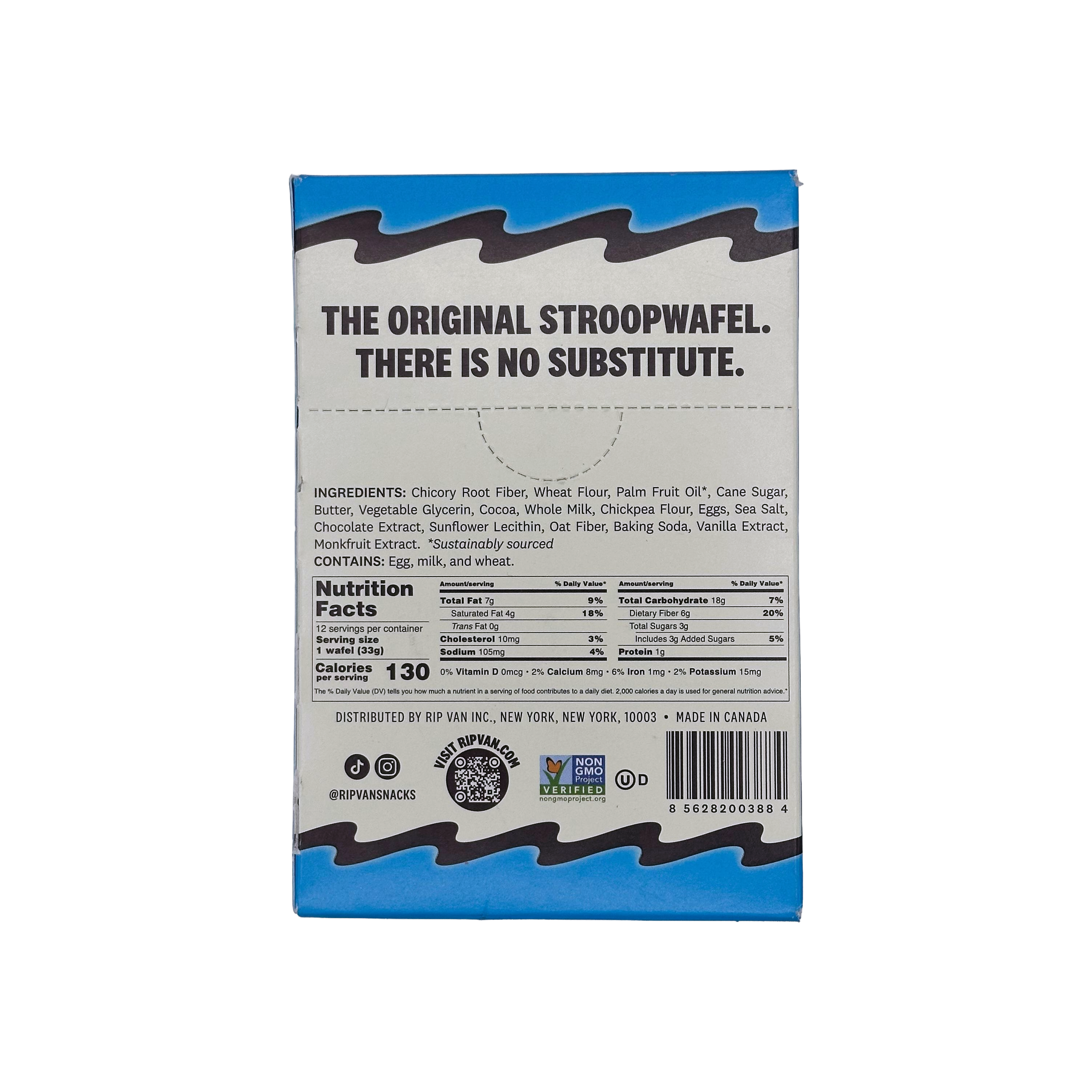 A blue box of "The Original Stroopwafel" displays ingredient and nutrition information, emphasizing no substitutes, with a wavy design at the top and a label indicating it contains egg, milk, and wheat.