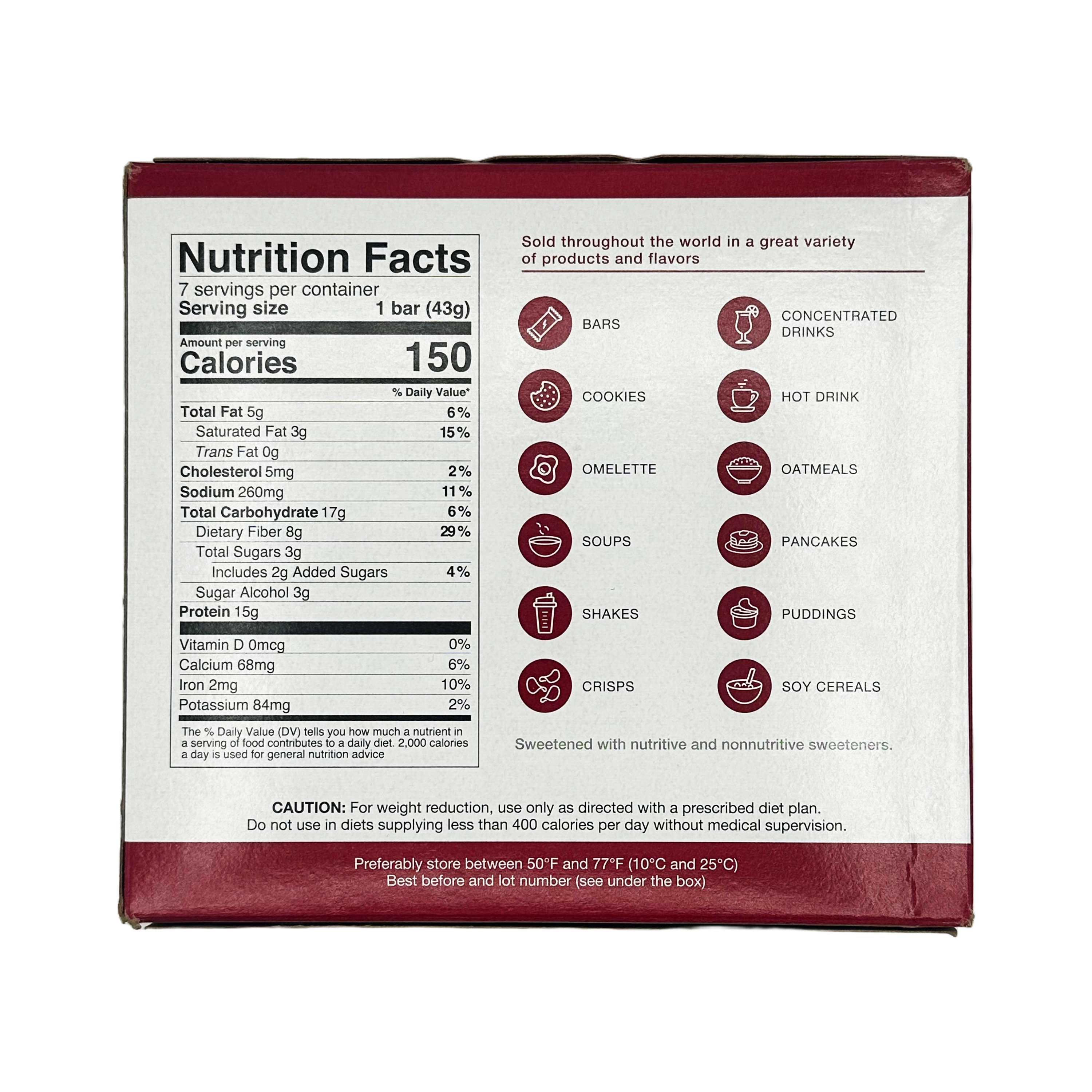A nutrition facts label for a protein bar, detailing serving size, calories, and nutrient content, with icons representing various product types like bars, cookies, and shakes.