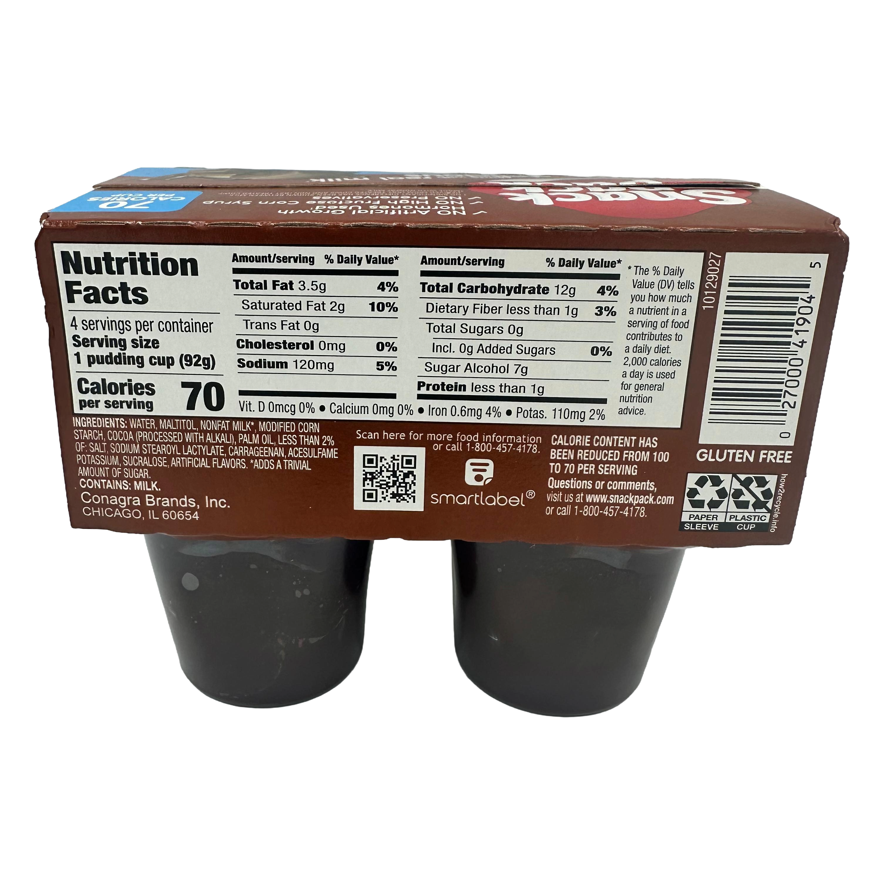A package containing two pudding cups with a nutrition facts label, detailing ingredients, serving size, and calorie information, set against a plain background.
