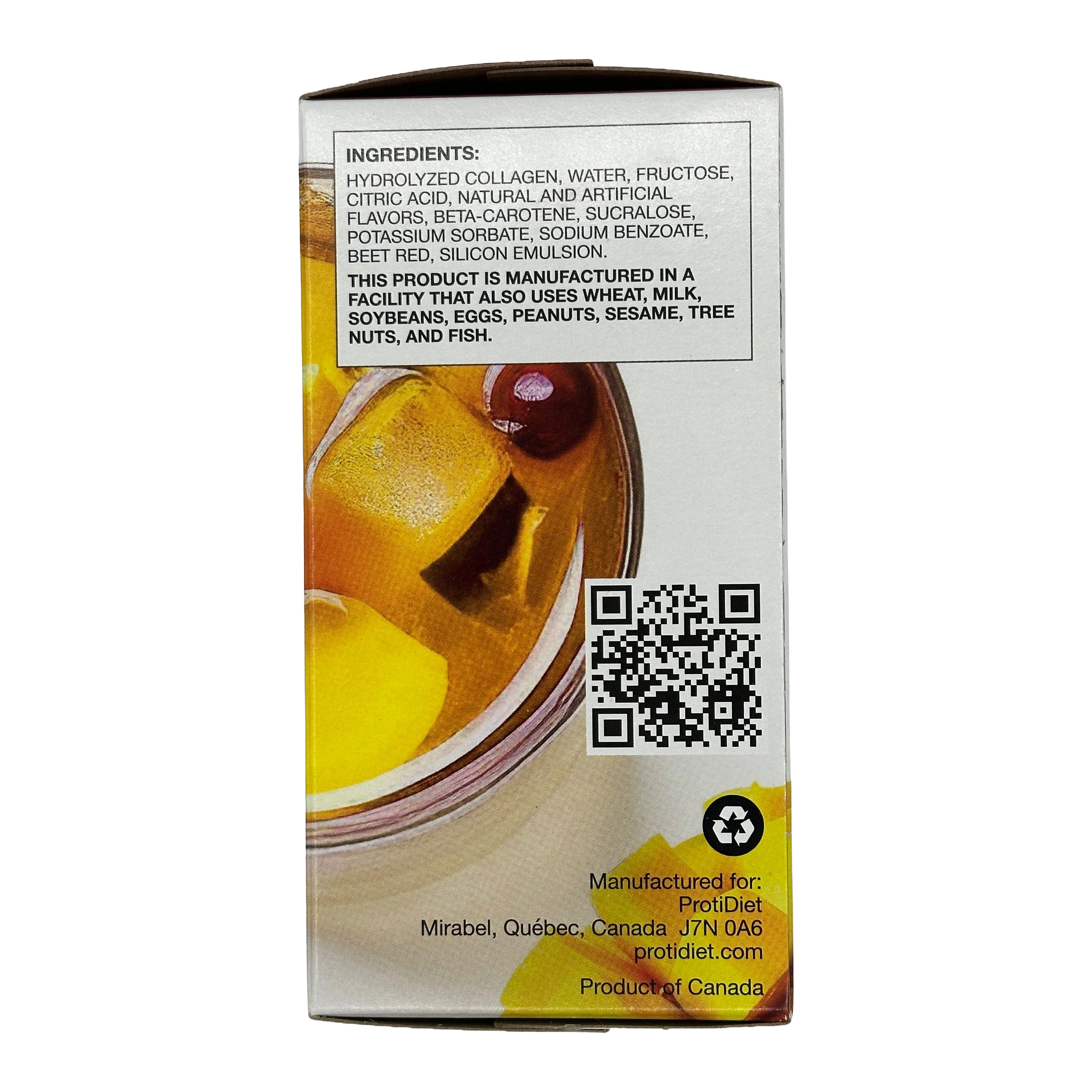 A close-up view of a product box showing ingredients and a QR code, with a colorful drink featuring ice cubes and fruit pieces in a glass, set against a plain background.
