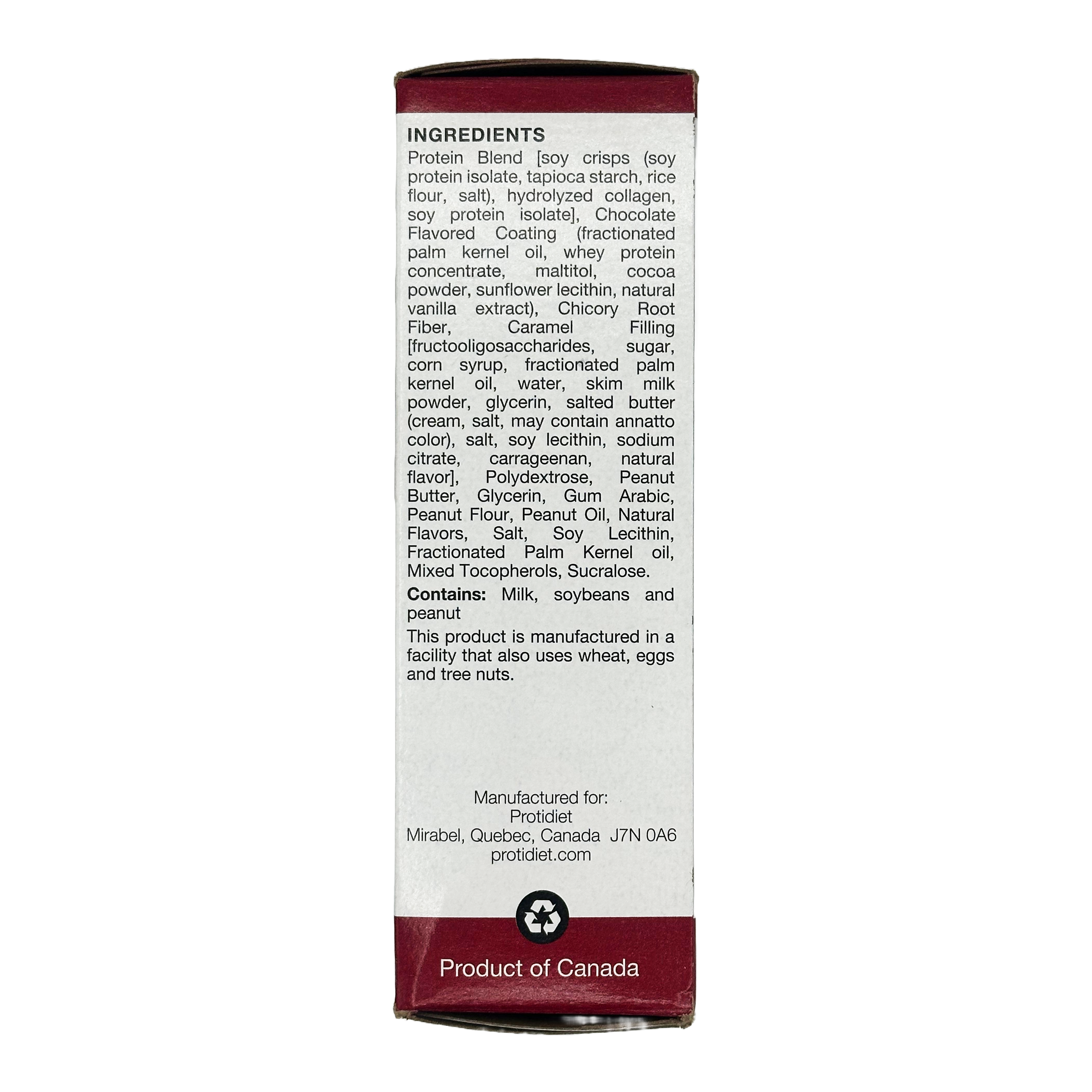 A product packaging side displays a detailed list of ingredients, including protein blend components, allergens, and manufacturing information, highlighting that it contains milk, soybeans, and peanuts.