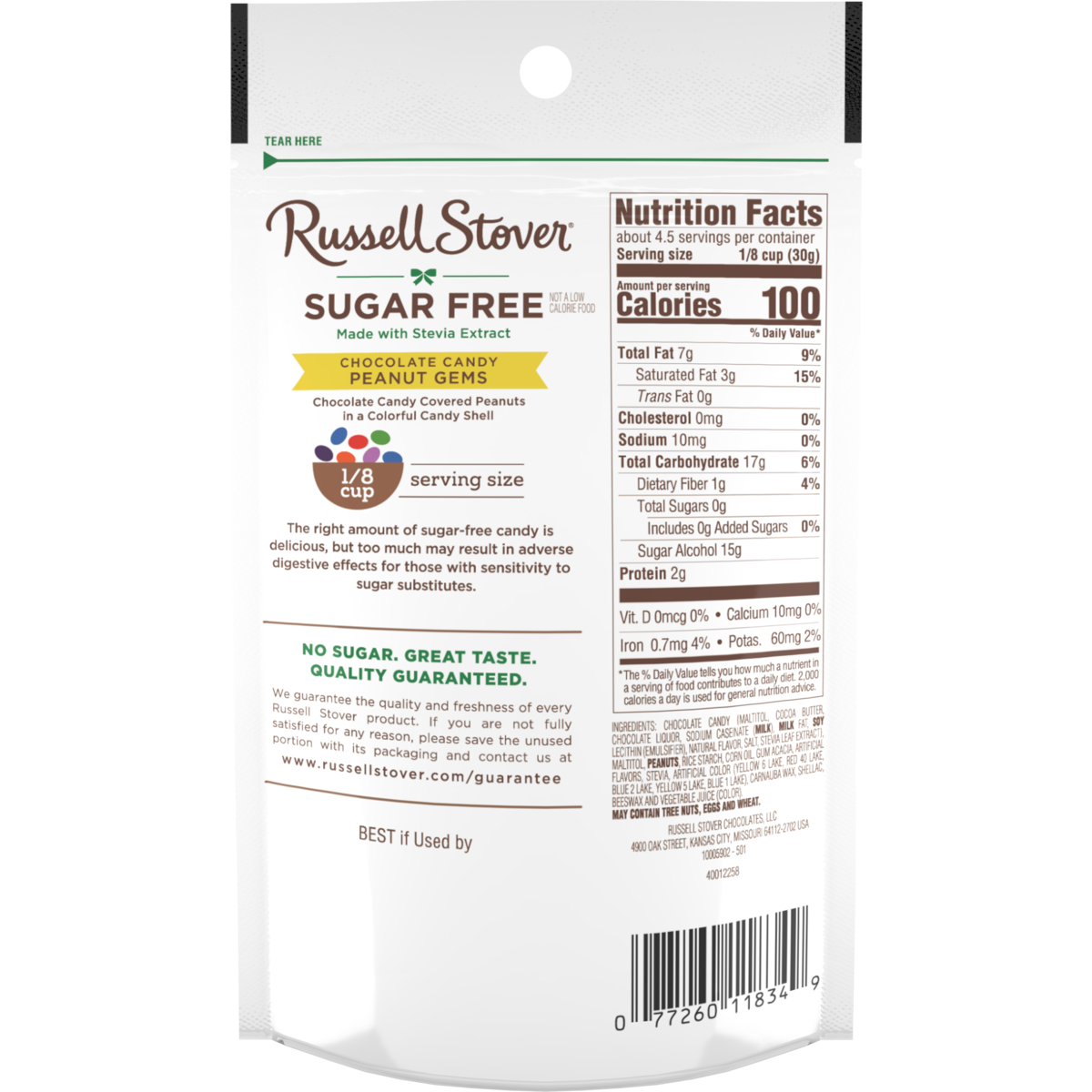 A colorful package of Russell Stover Sugar Free Peanut Gems, featuring chocolate-covered peanuts, with nutrition facts and serving size details prominently displayed on the back.