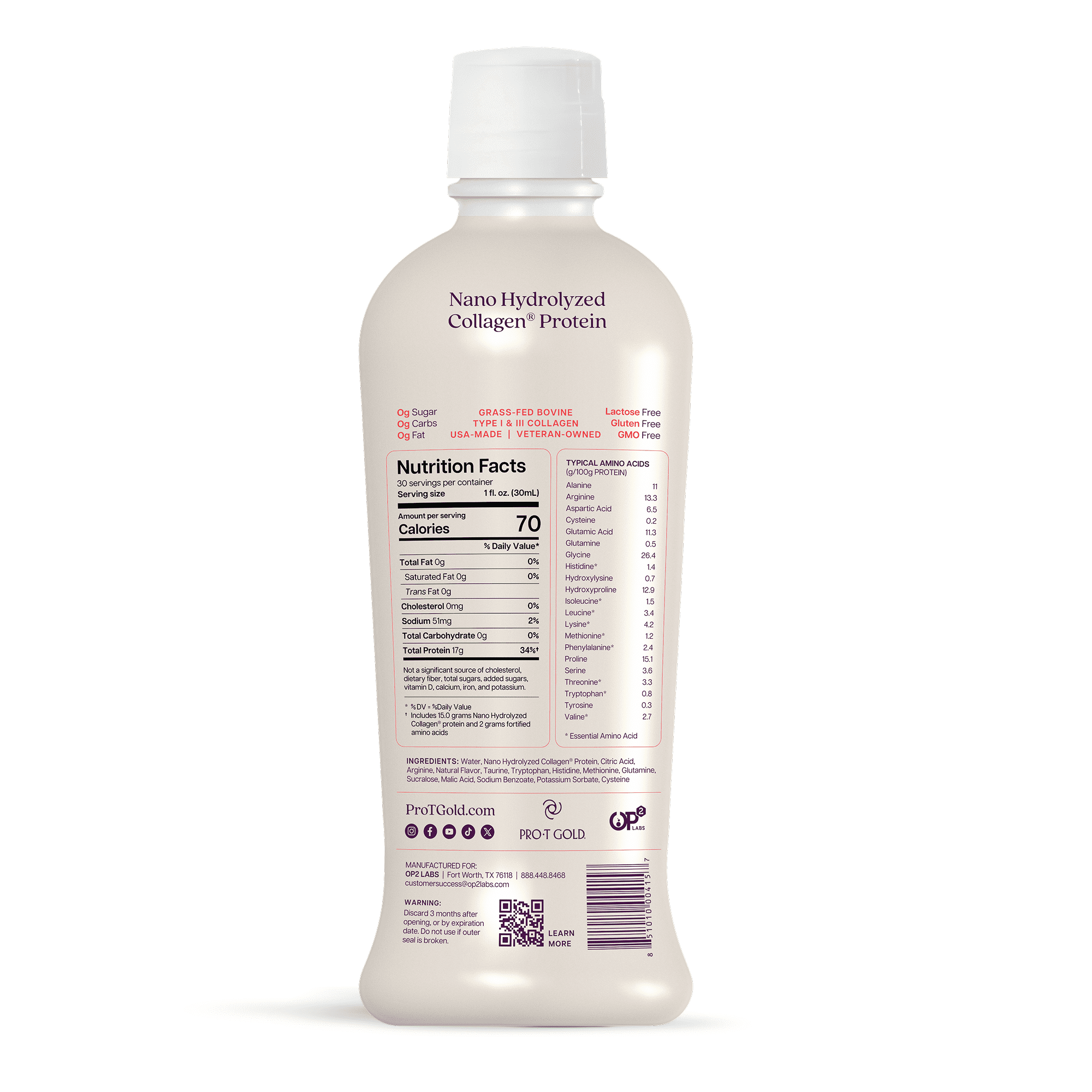 A clear bottle of Nano Hydrolyzed Collagen Protein displays nutrition facts and ingredient information on its back, highlighting its low calorie count and various dietary certifications.