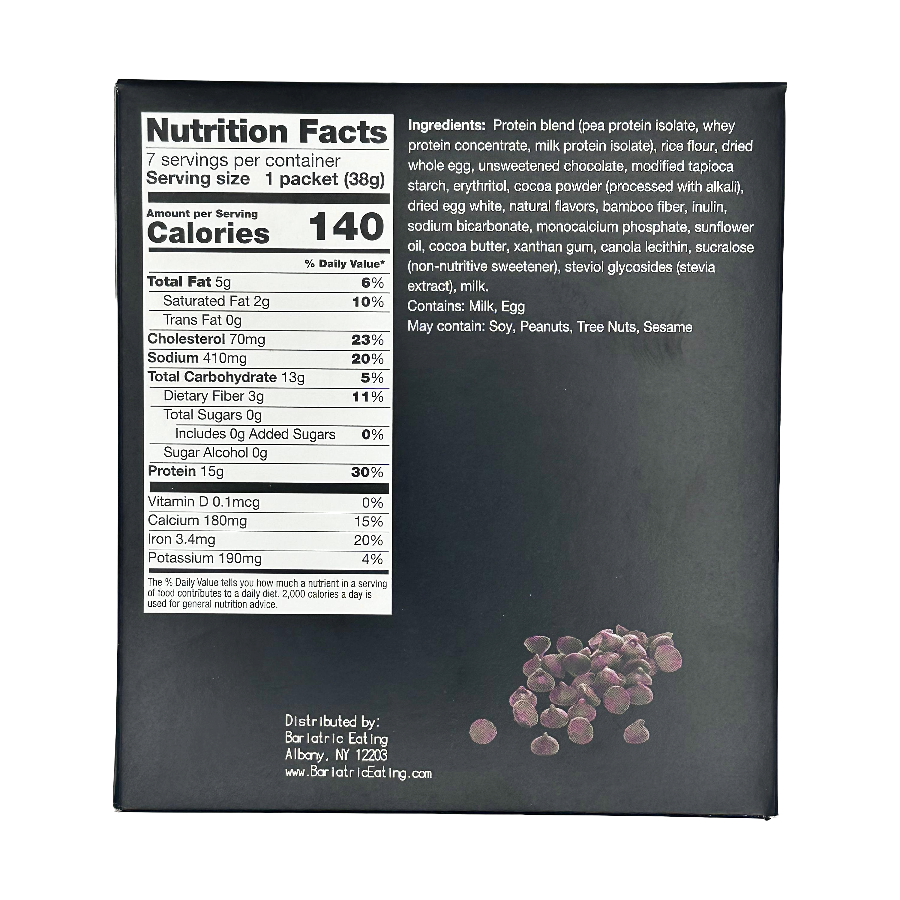 A black product box displays nutrition facts and ingredients for a protein blend, listing calories, serving size, and potential allergens, with small chocolate chips in the bottom corner.