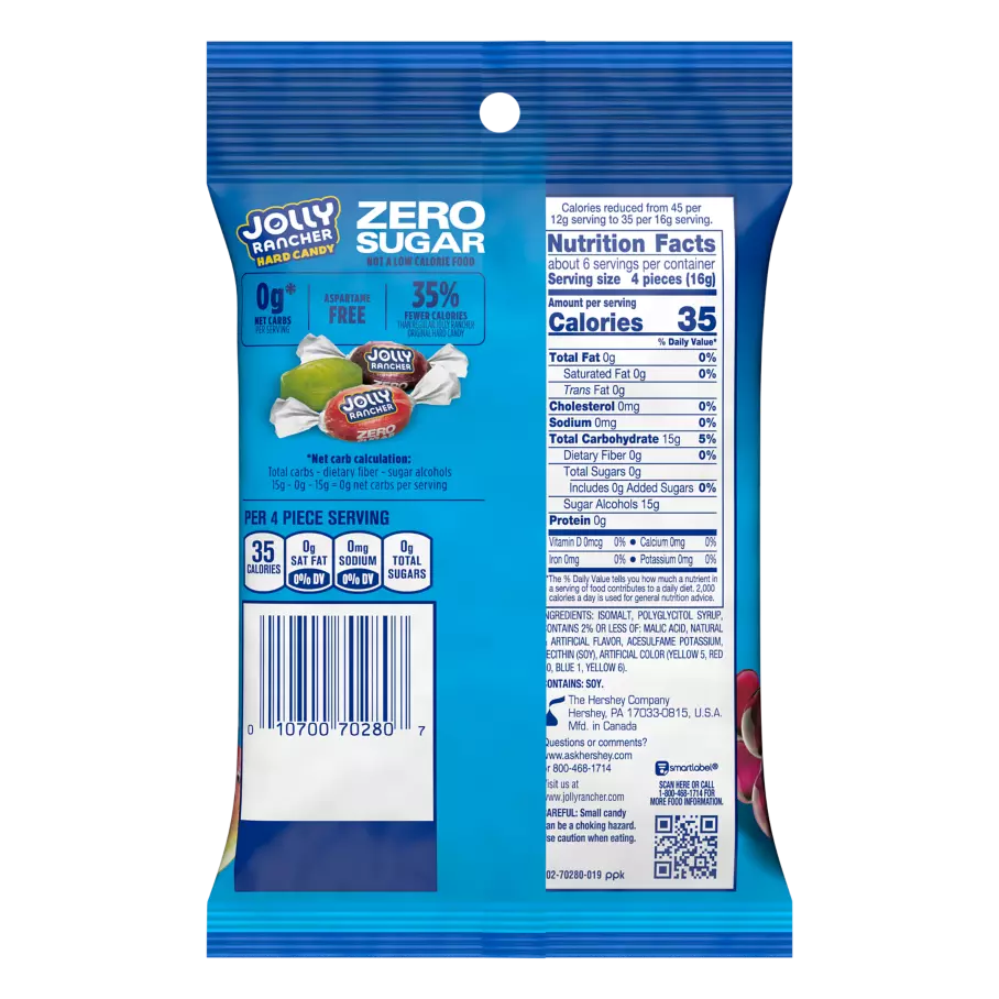A blue package of Jolly Rancher Zero Sugar hard candy displays nutritional information and serving details on the back, emphasizing low calories and zero sugar content.