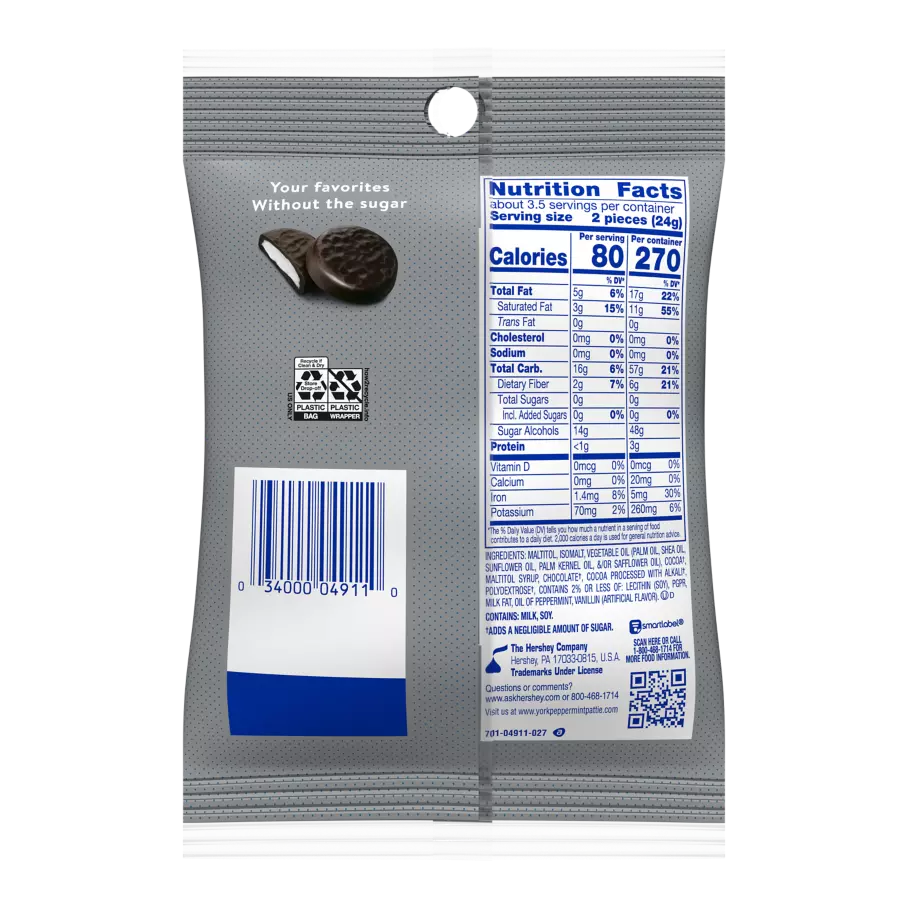 A gray package labeled "Your favorites without the sugar" displays nutrition facts, including calories and ingredients, alongside a barcode and a small image of chocolate cookies.
