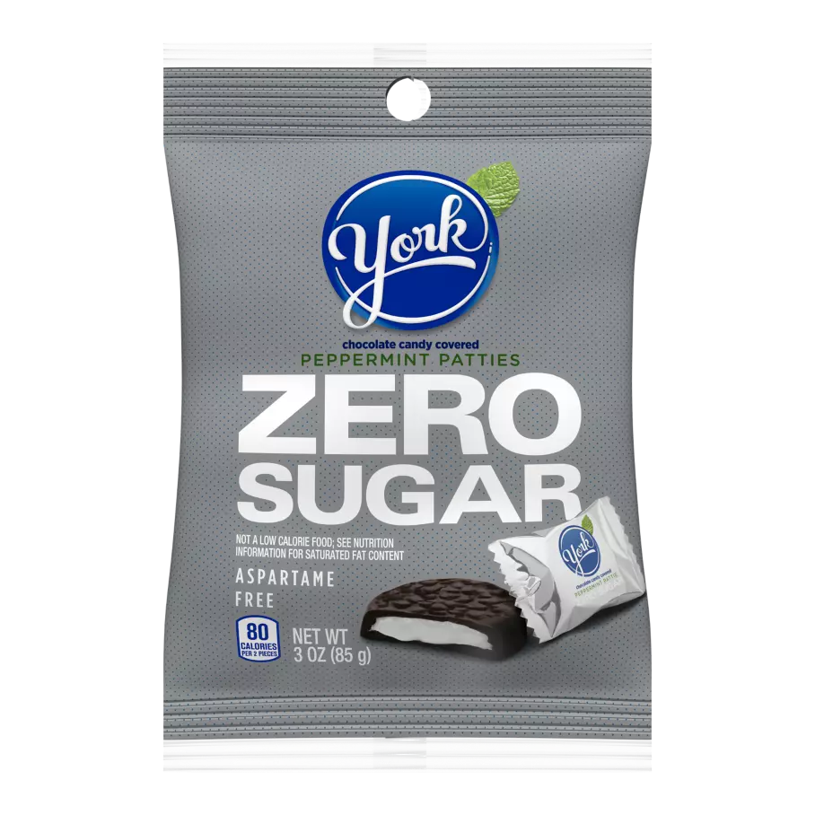 A gray package of York Zero Sugar Peppermint Patties features the brand logo and highlights that the candy is chocolate-covered and aspartame-free, with a net weight of 3 oz.