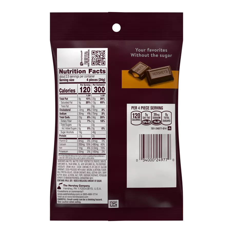 The back of a Hershey's chocolate package displays nutrition facts, including calories and serving size, with a note stating "Your favorites Without the sugar" and an image of chocolate pieces.