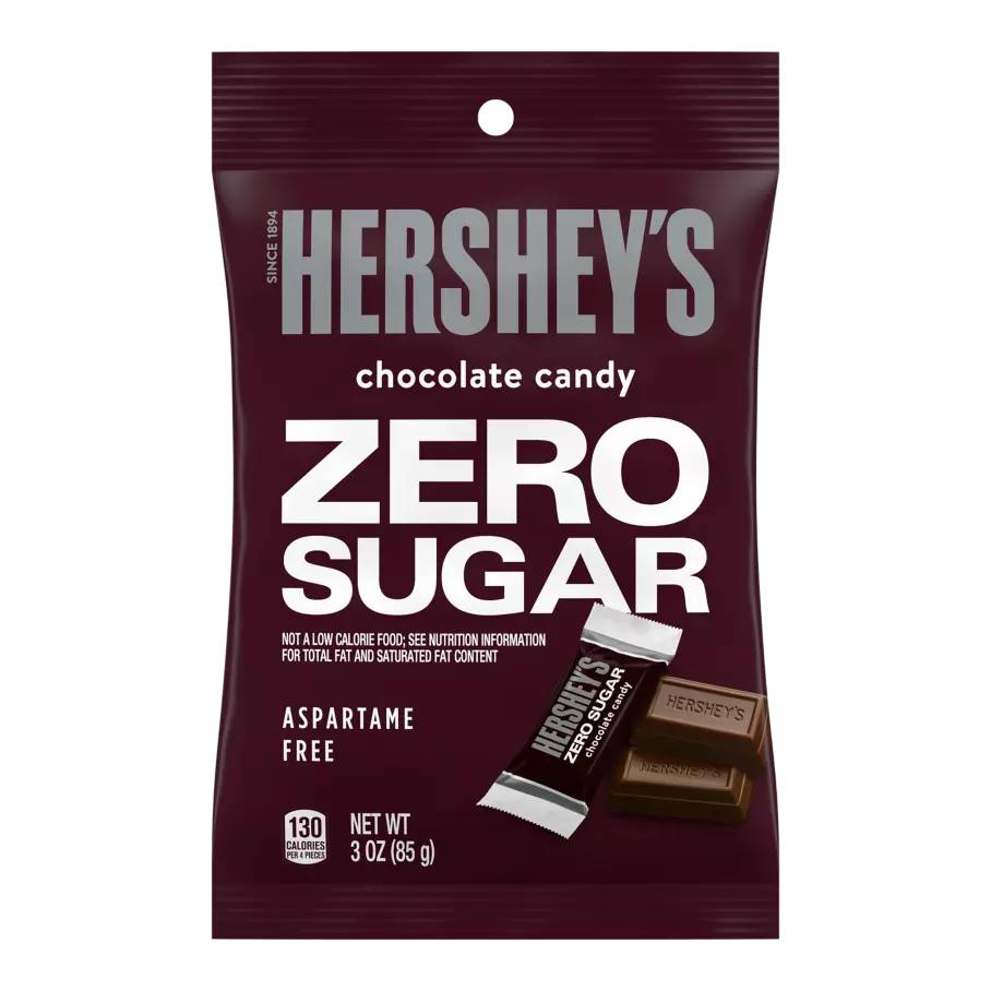 A maroon bag of Hershey's Zero Sugar chocolate candy features bold white text indicating "ZERO SUGAR," with images of chocolate pieces and nutritional information highlighted.
