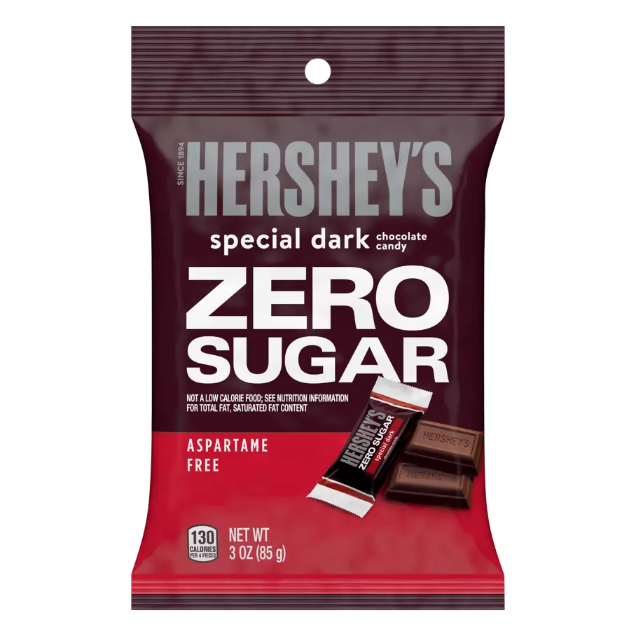 A red and brown bag of Hershey's Special Dark Zero Sugar chocolate candy, featuring large white text stating "ZERO SUGAR," with a small chocolate bar and wrapper visible in front.
