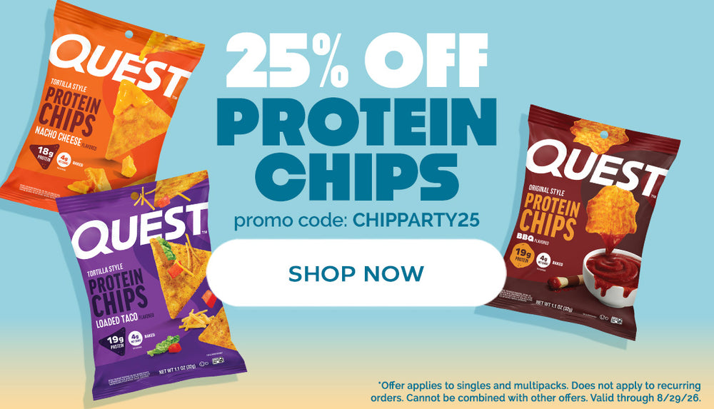 Three bags of Quest protein chips in flavors like Nacho Cheese and Loaded Taco are displayed against a light blue background, promoting a 25% discount with the code CHIPPARTY25.