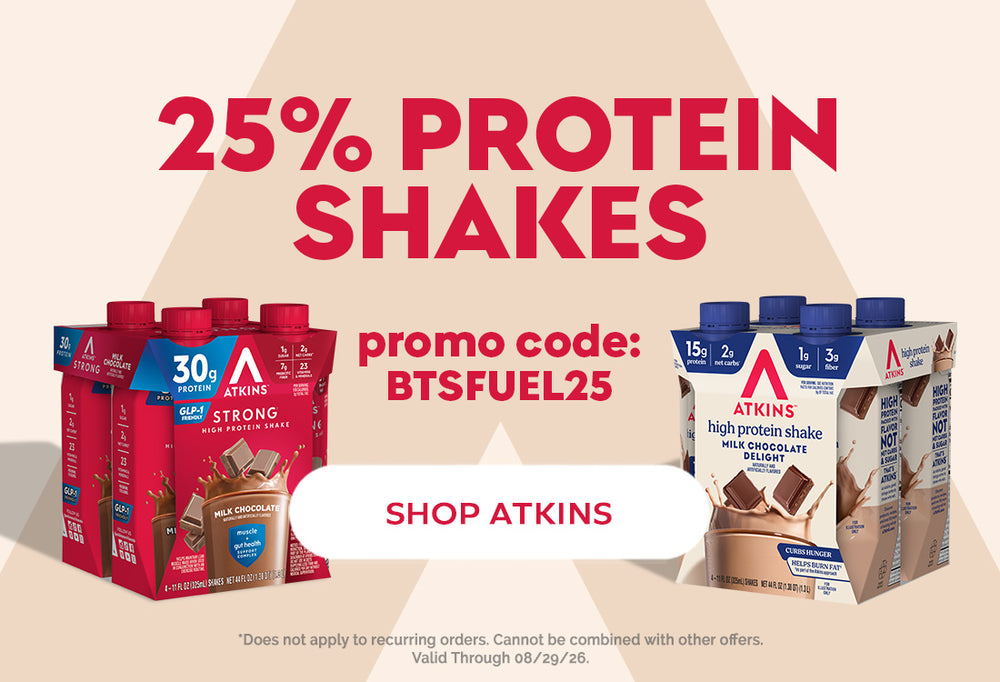 A promotional image features two types of Atkins protein shakes, highlighting "25% Protein Shakes," with a promo code and a call to action to shop Atkins.