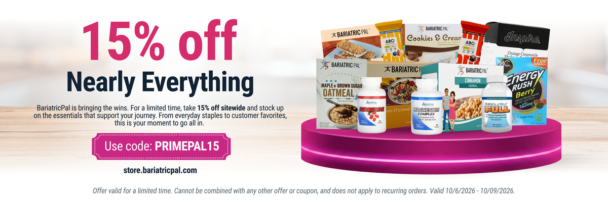 A promotional graphic features various BariatricPal products on a pink display, highlighting a 15% discount with the code "PRIMEPAL15" for a limited time, set against a blurred background.