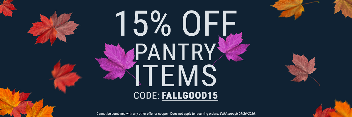 A dark background features colorful autumn leaves surrounding a bold announcement of "15% OFF PANTRY ITEMS" with the promo code "FALLGOOD15" prominently displayed.