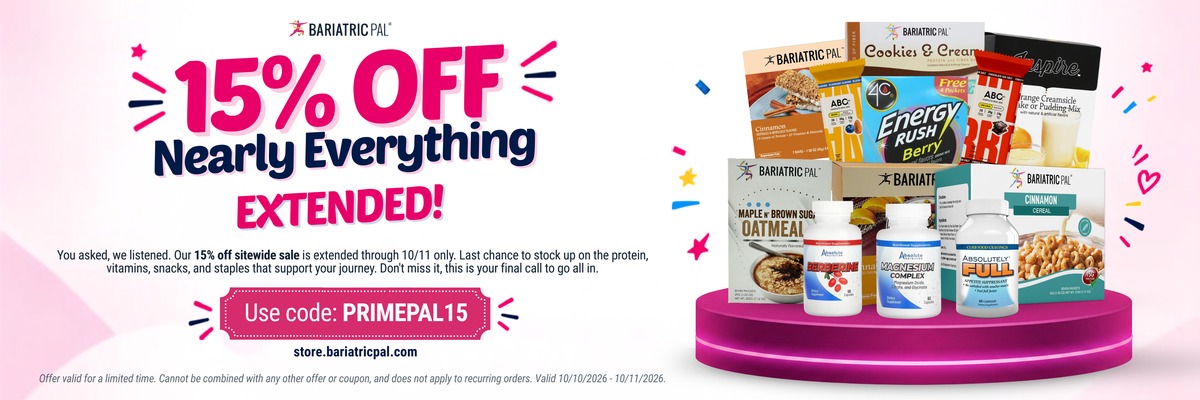 A colorful promotional graphic displays various health products with a bold "15% OFF Nearly Everything Extended!" message, encouraging customers to use the code PRIMEPAL15 for discounts until October 11.
