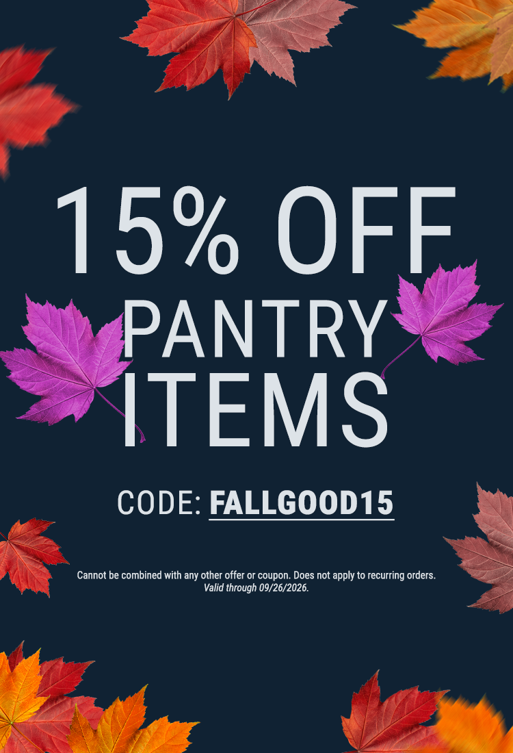 A promotional graphic featuring colorful autumn leaves, announcing a 15% discount on pantry items with the code FALLGOOD15, valid until September 26, 2026.
