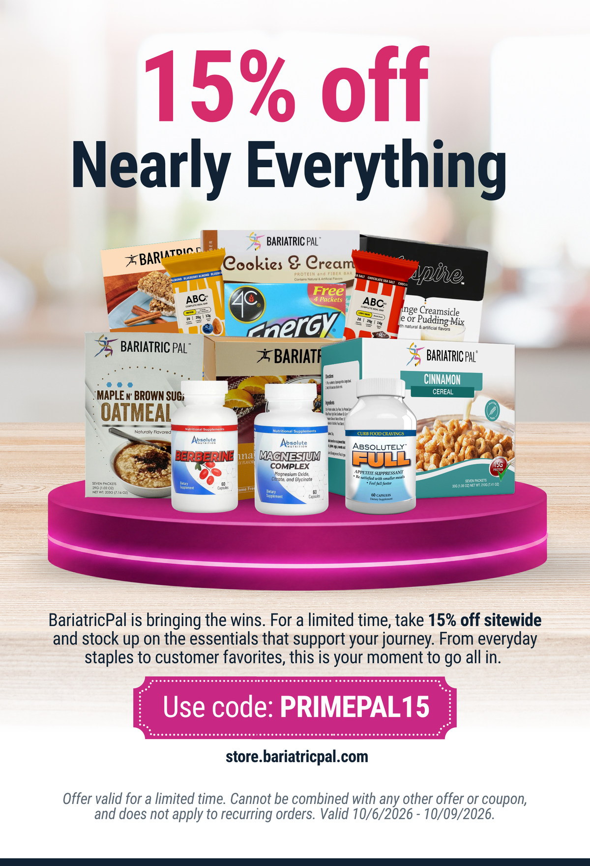 A colorful display of BariatricPal products, including snacks and supplements, highlights a promotional offer of 15% off sitewide, with a code for customers to use on their purchases.