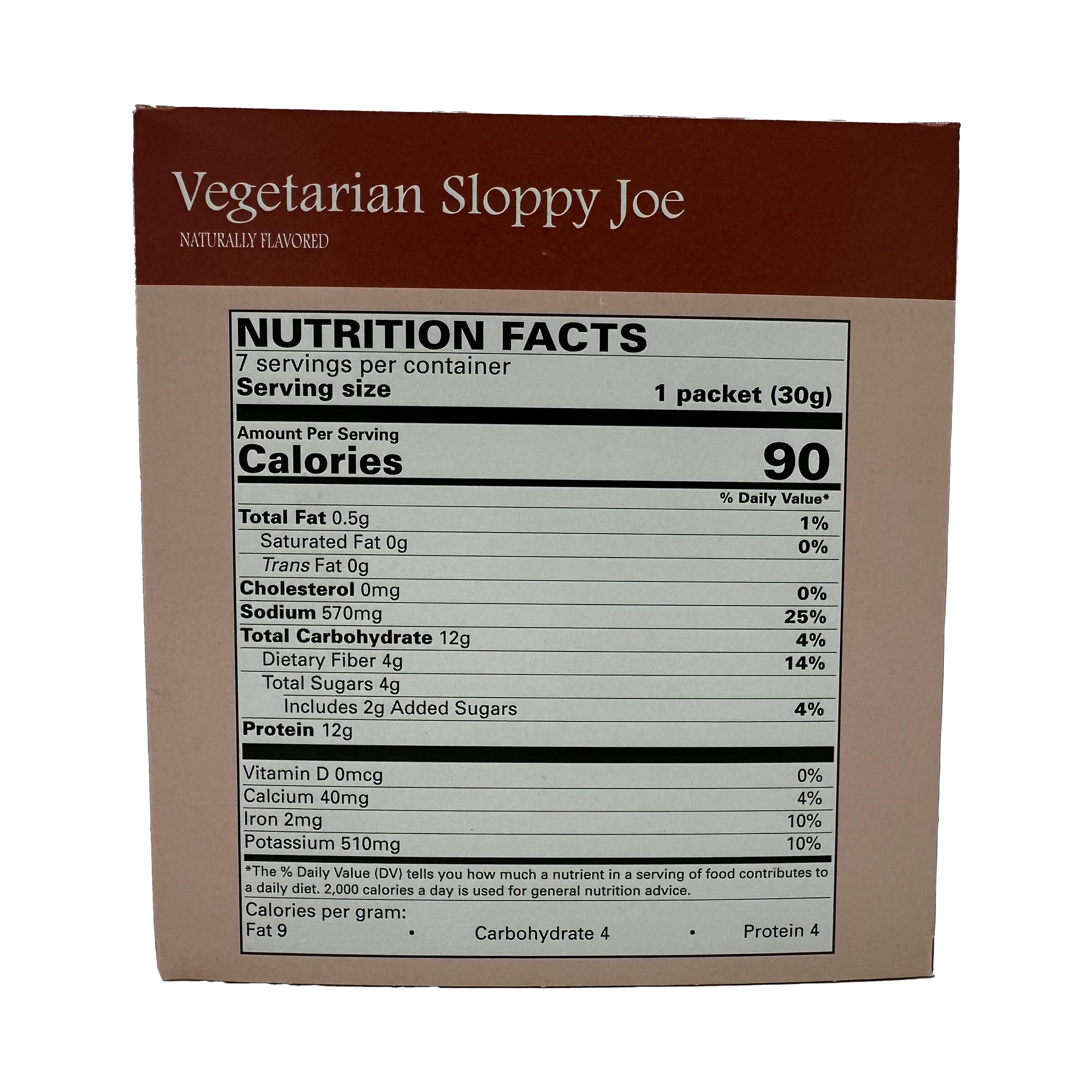A nutrition facts label for a vegetarian sloppy joe product, detailing serving size, calories, and nutrient content including fats, carbohydrates, and protein.