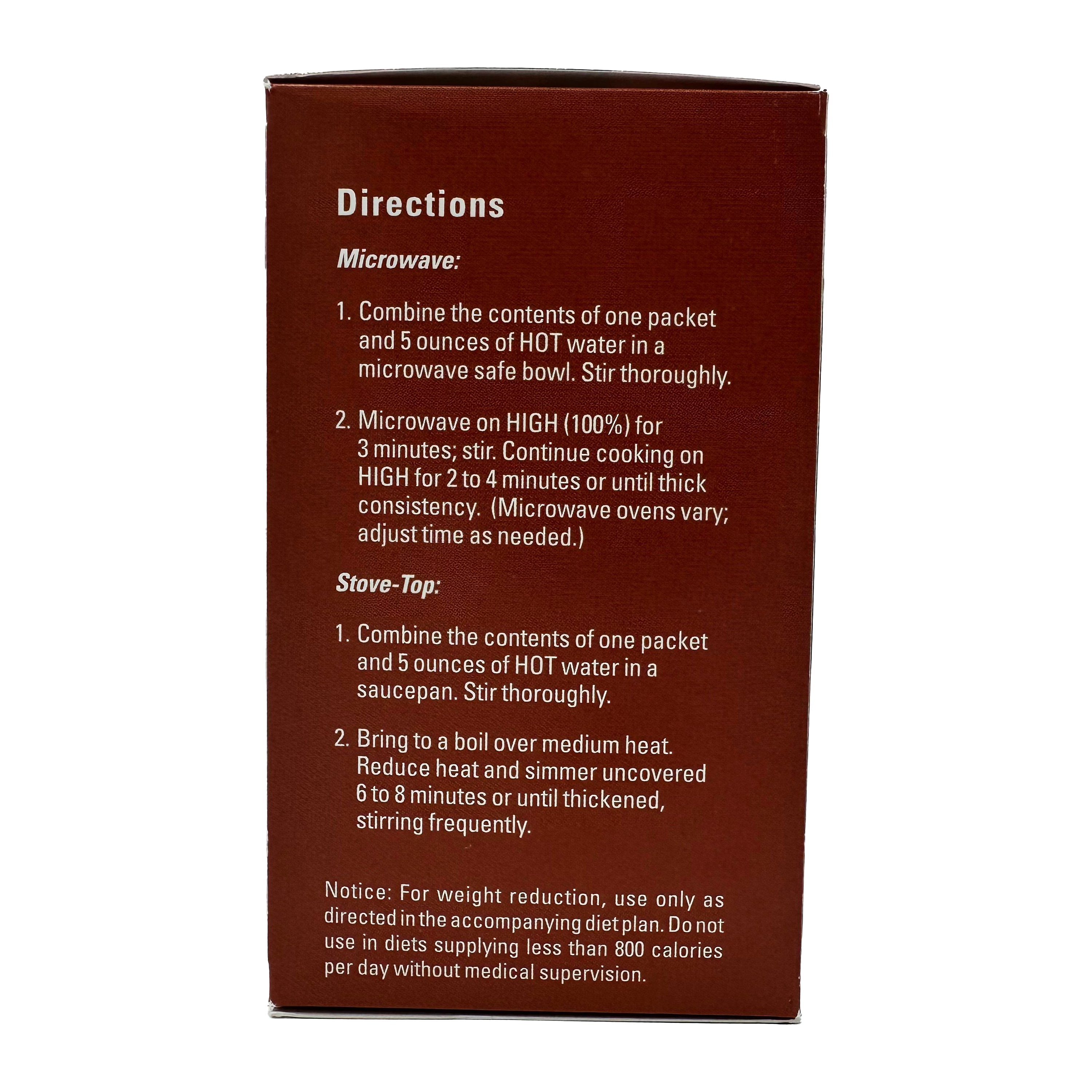 A brown package displays cooking directions for a food product, detailing microwave and stove-top preparation methods for combining a packet with hot water.