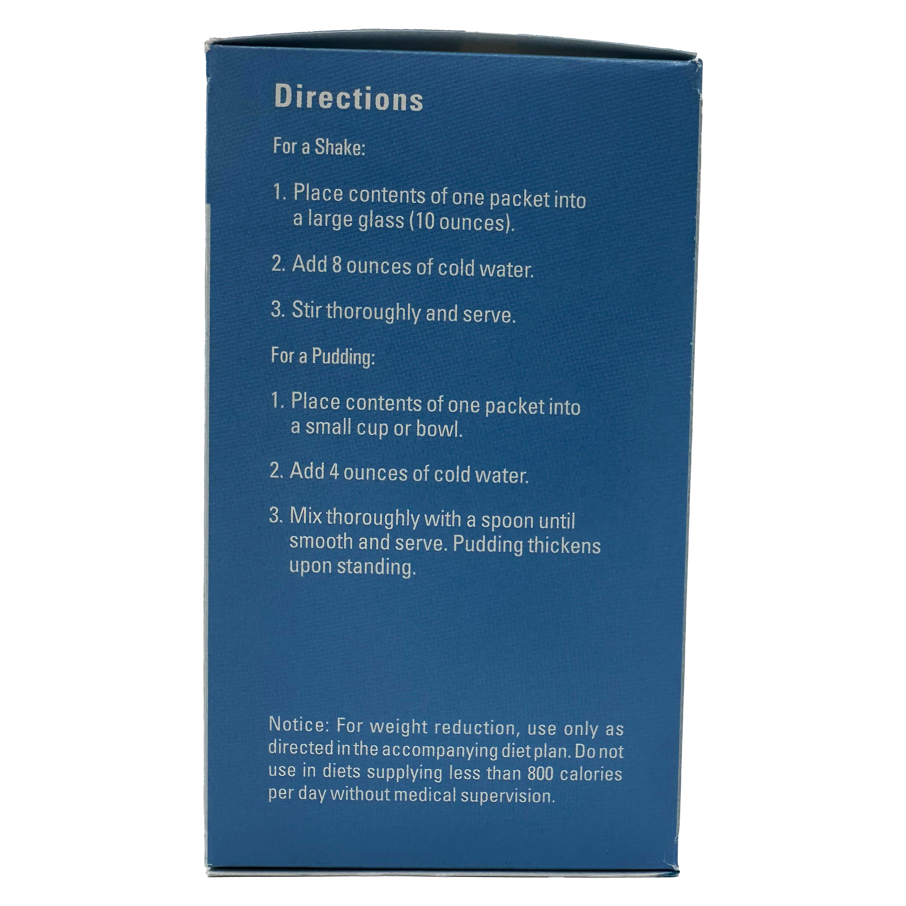 The back of a product box displays directions for preparing a shake and pudding, detailing steps like mixing packet contents with cold water and serving suggestions.