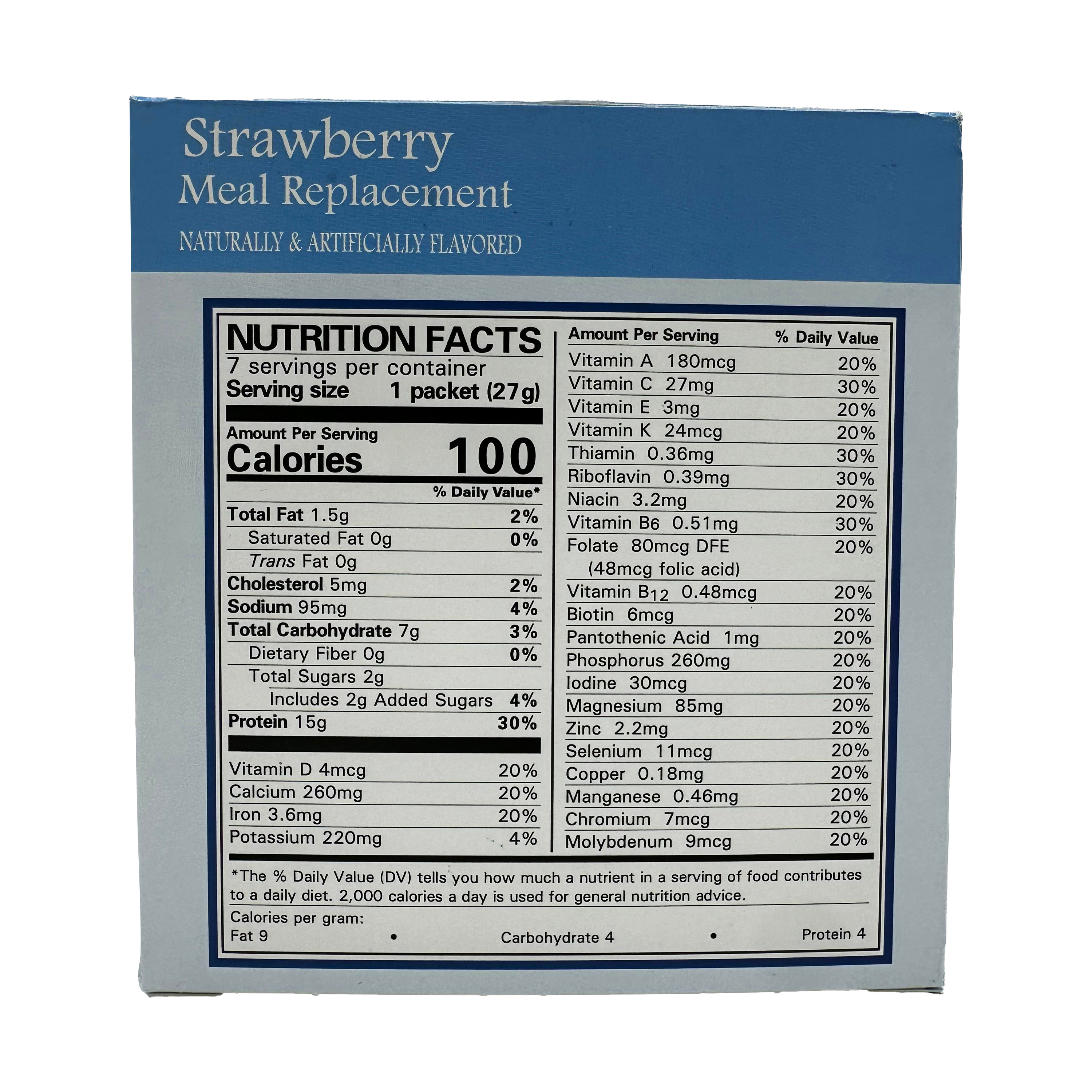 A blue box labeled "Strawberry Meal Replacement" displays detailed nutrition facts, including calories, serving size, and various vitamins and minerals, indicating it contains seven servings per container.
