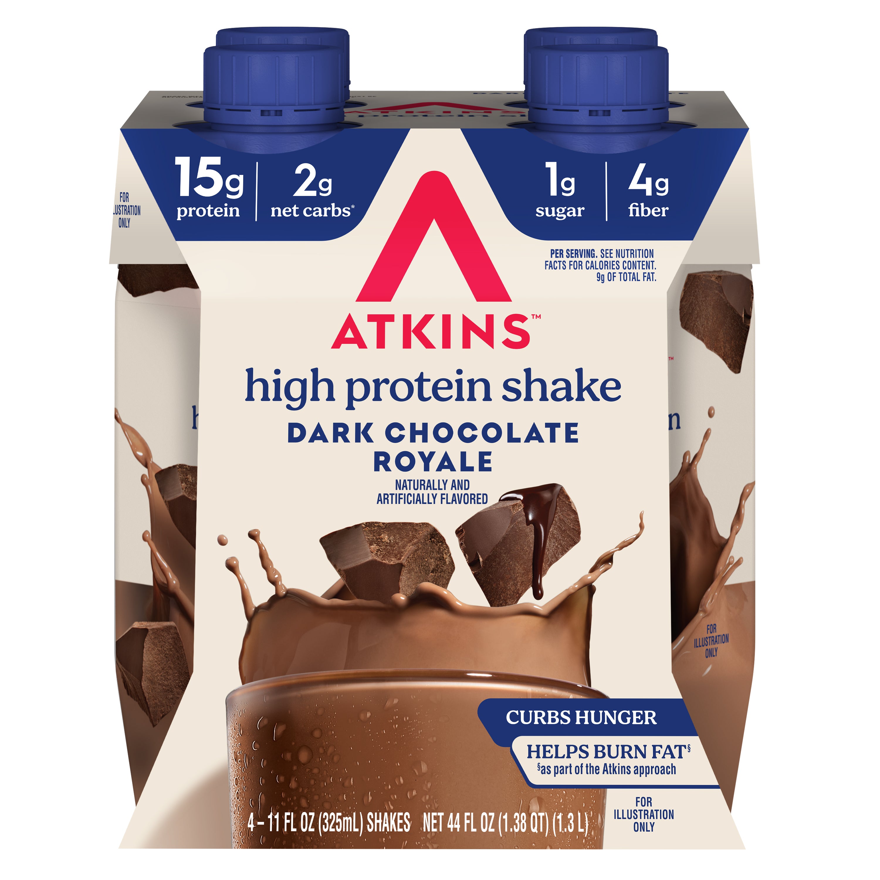 A four-pack of Atkins high protein shakes in dark chocolate royale flavor, featuring nutritional highlights like 15g protein, 2g net carbs, and 1g sugar, displayed with a splash of chocolate.
