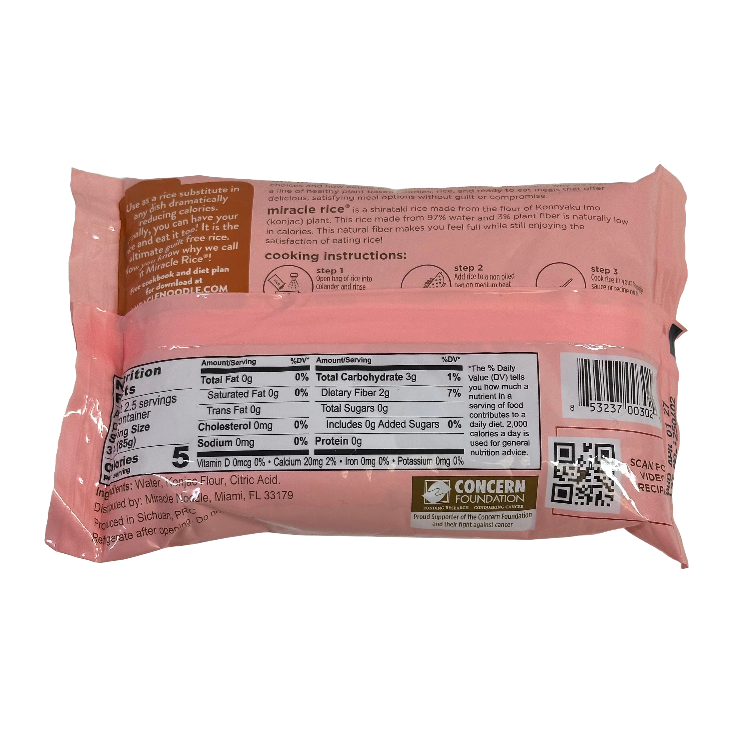 A pink package of "Miracle Rice," featuring nutritional information and cooking instructions, emphasizes its low-calorie content and use as a rice substitute made from konjac plant.