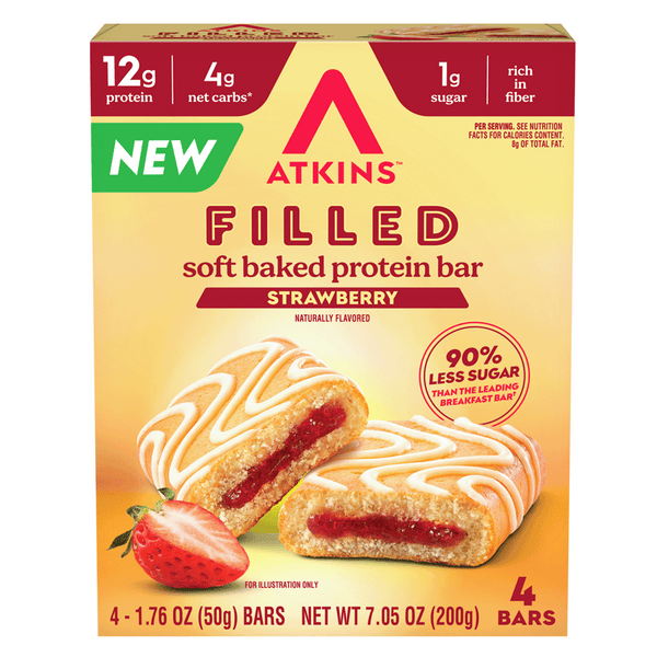 A box of Atkins Filled Soft Baked Protein Bars in Strawberry flavor, featuring two bars with a creamy white icing design and a visible strawberry filling, alongside a fresh strawberry, highlighting nutritional benefits.