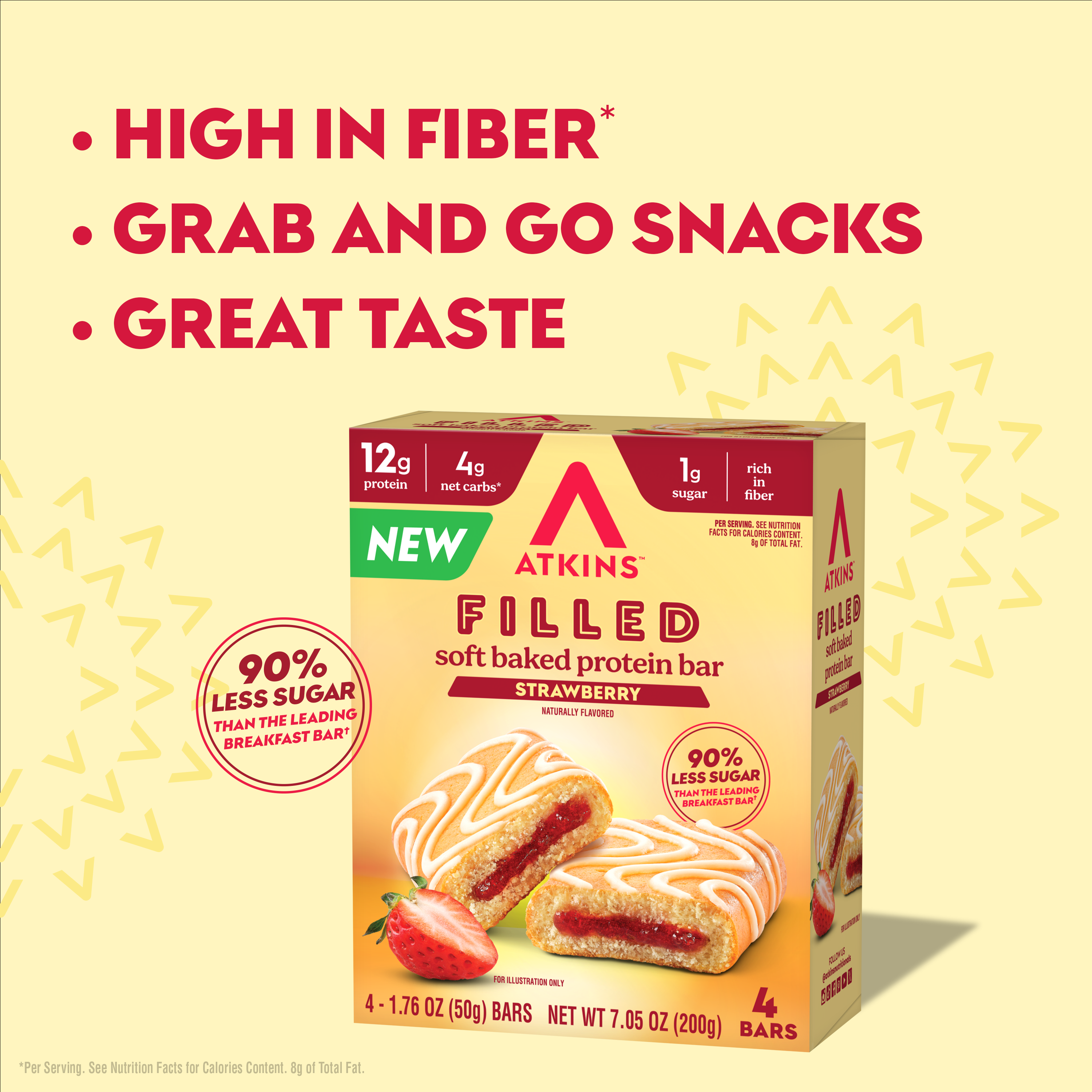 A colorful package of Atkins Filled soft baked protein bars in strawberry flavor showcases the product with highlights of high fiber, low sugar, and great taste against a light yellow background.