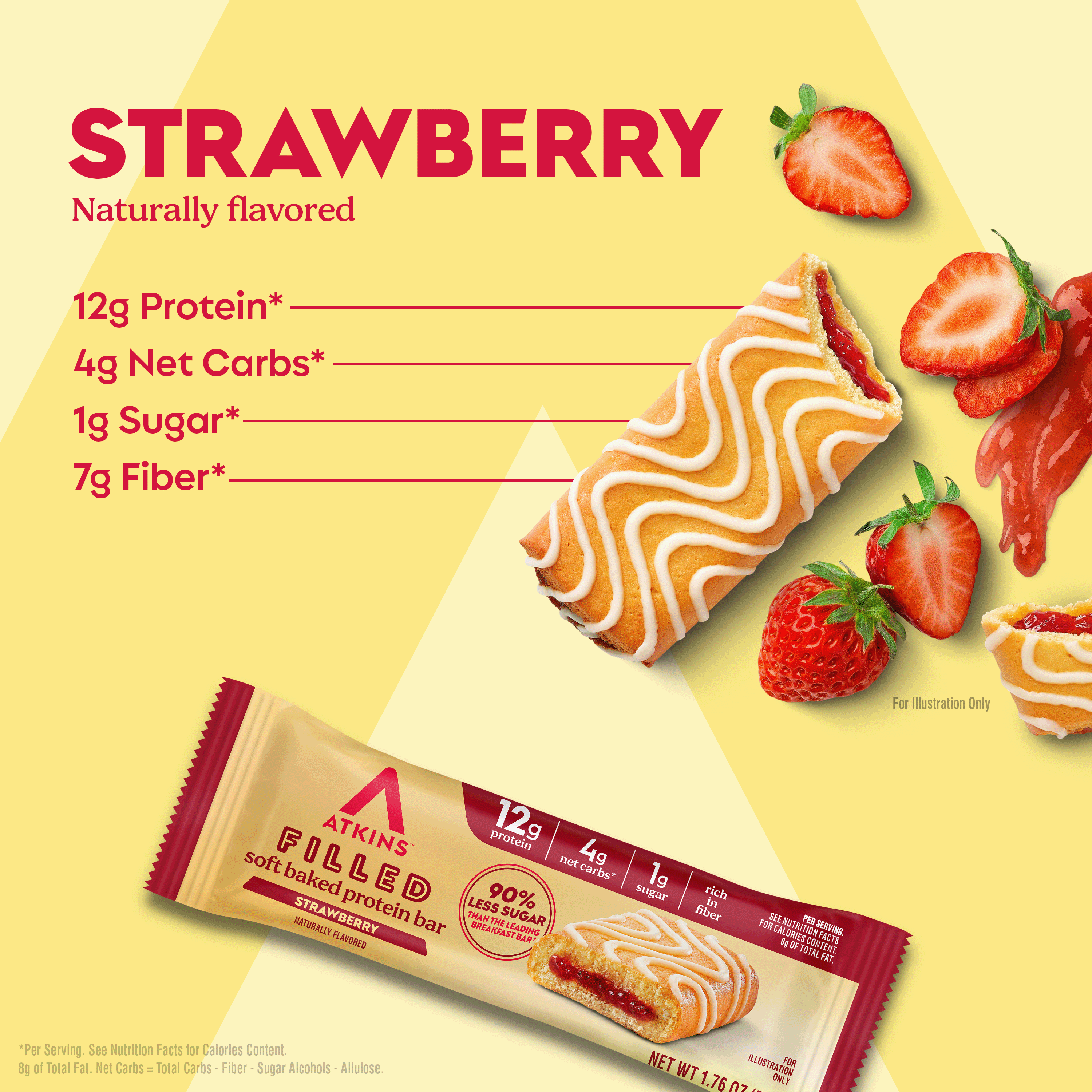 A strawberry-flavored protein bar is displayed alongside fresh strawberries and strawberry sauce, with nutritional information highlighted on a bright yellow background.