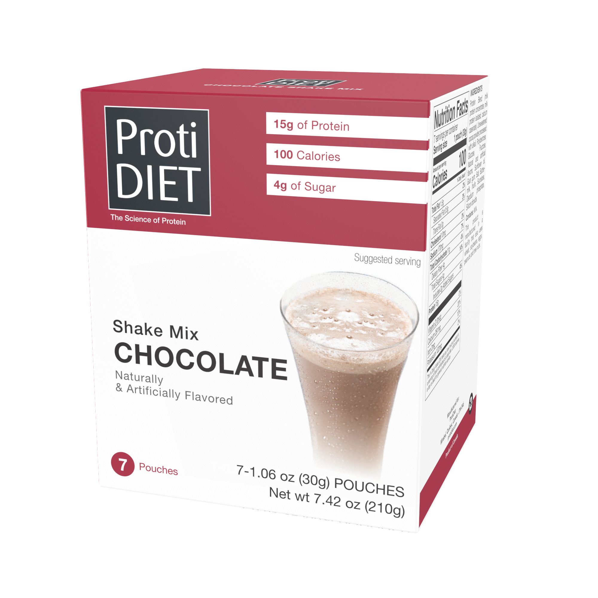 A box of ProtiDIET chocolate shake mix displays a glass filled with a chocolate shake, highlighting nutritional information including 15g of protein, 100 calories, and 4g of sugar, with seven pouches inside.