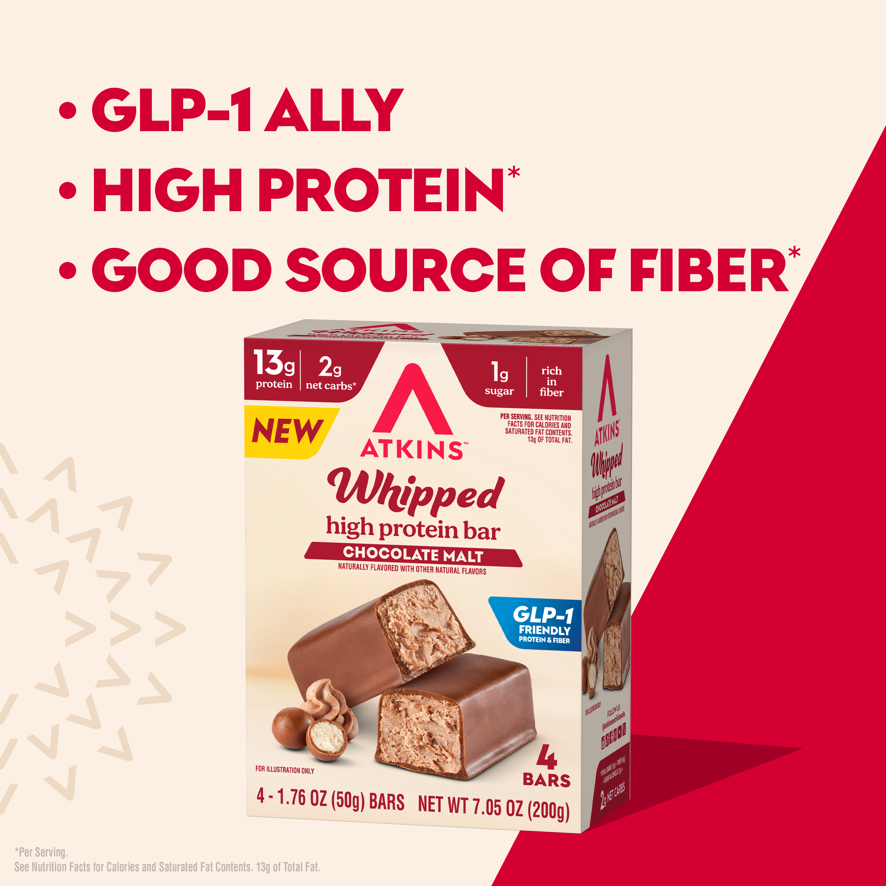 A box of Atkins Whipped high protein bars in Chocolate Malt flavor is displayed, showing two bars, one whole and one cut in half, highlighting its high protein, low sugar, and fiber content.