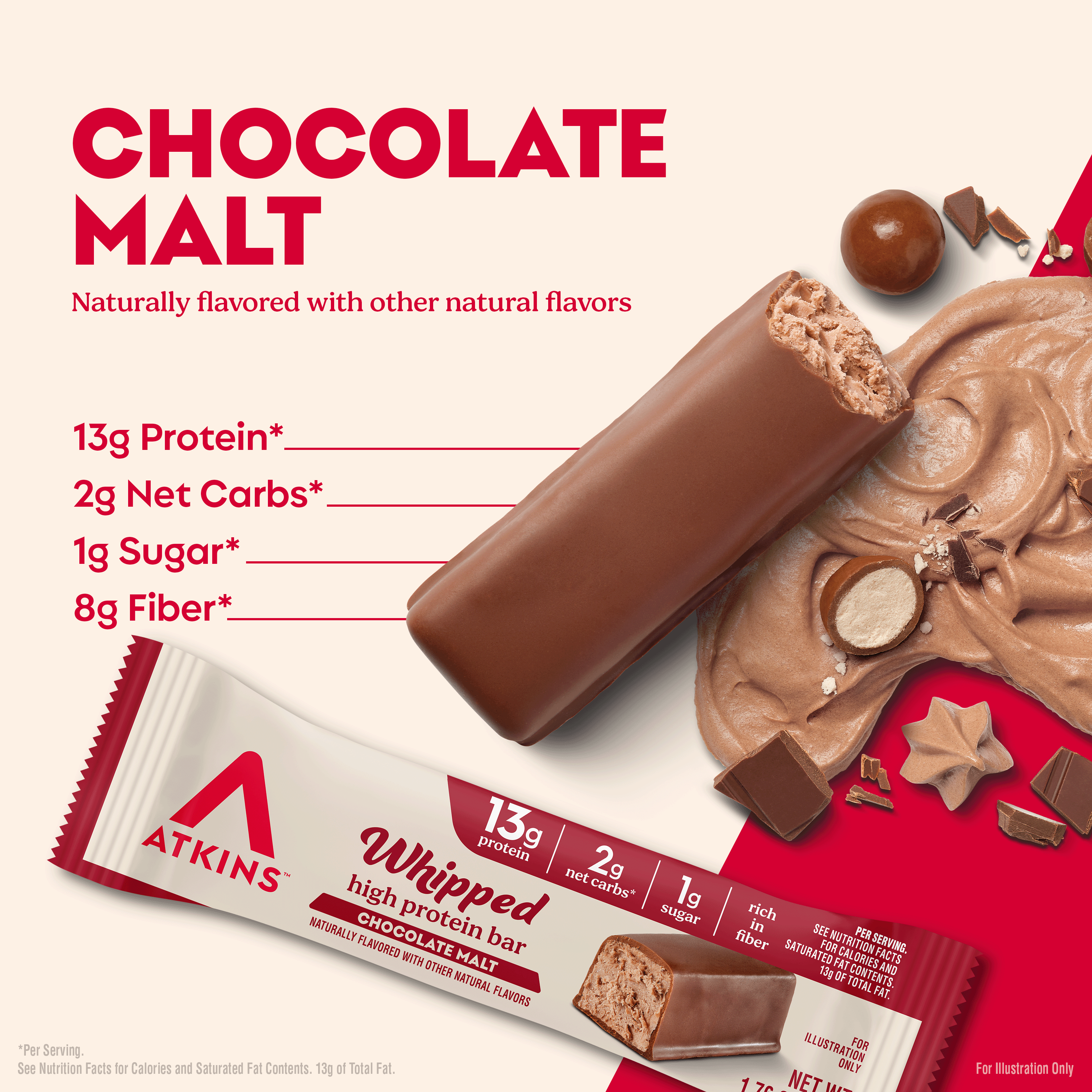 A chocolate malt protein bar is displayed with a bite taken out, surrounded by chocolate swirls and pieces, highlighting its nutritional information including 13g protein and 2g net carbs.