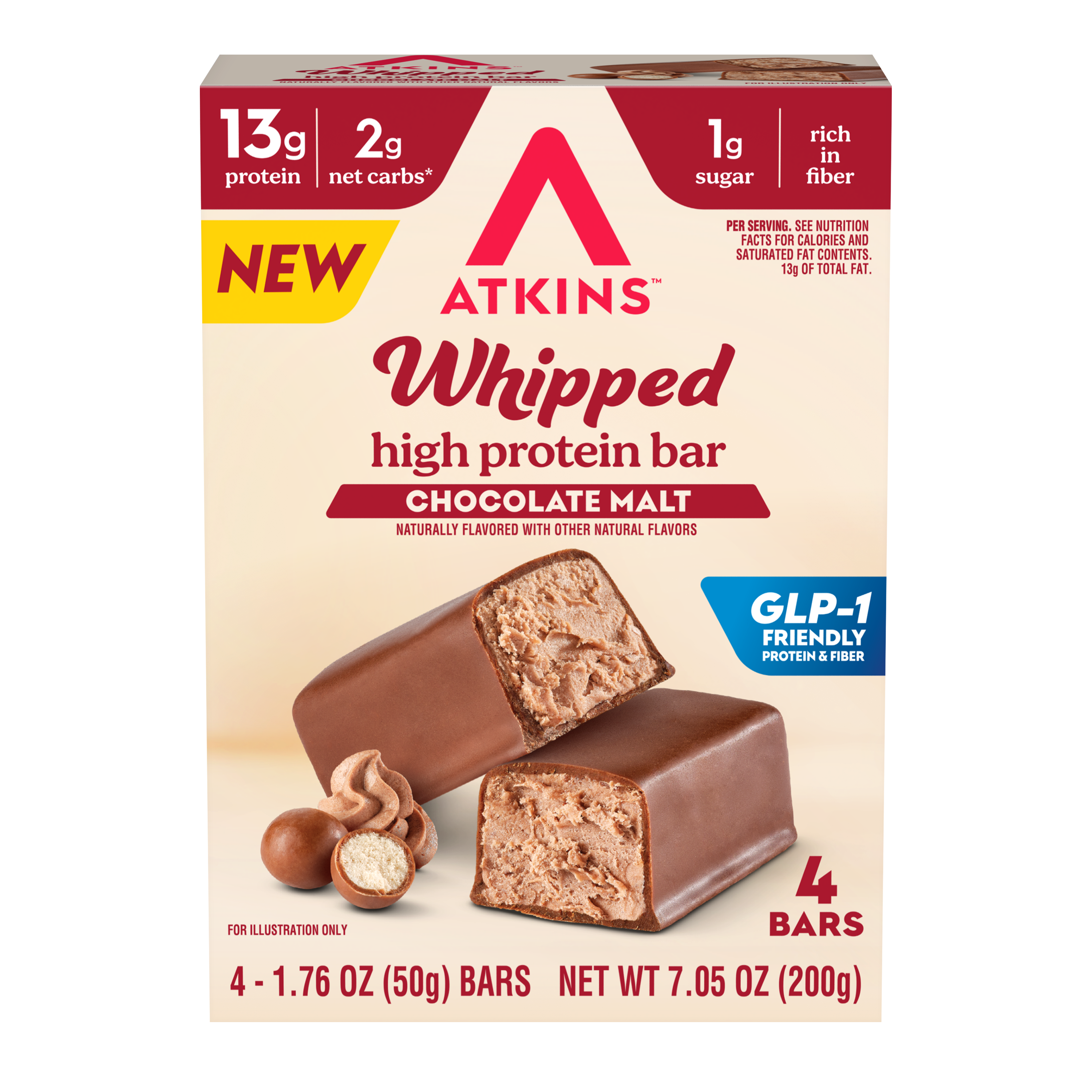 A package of Atkins Whipped high protein bars in Chocolate Malt flavor, featuring two bars partially unwrapped to show the filling, with nutritional information highlighted on the box.