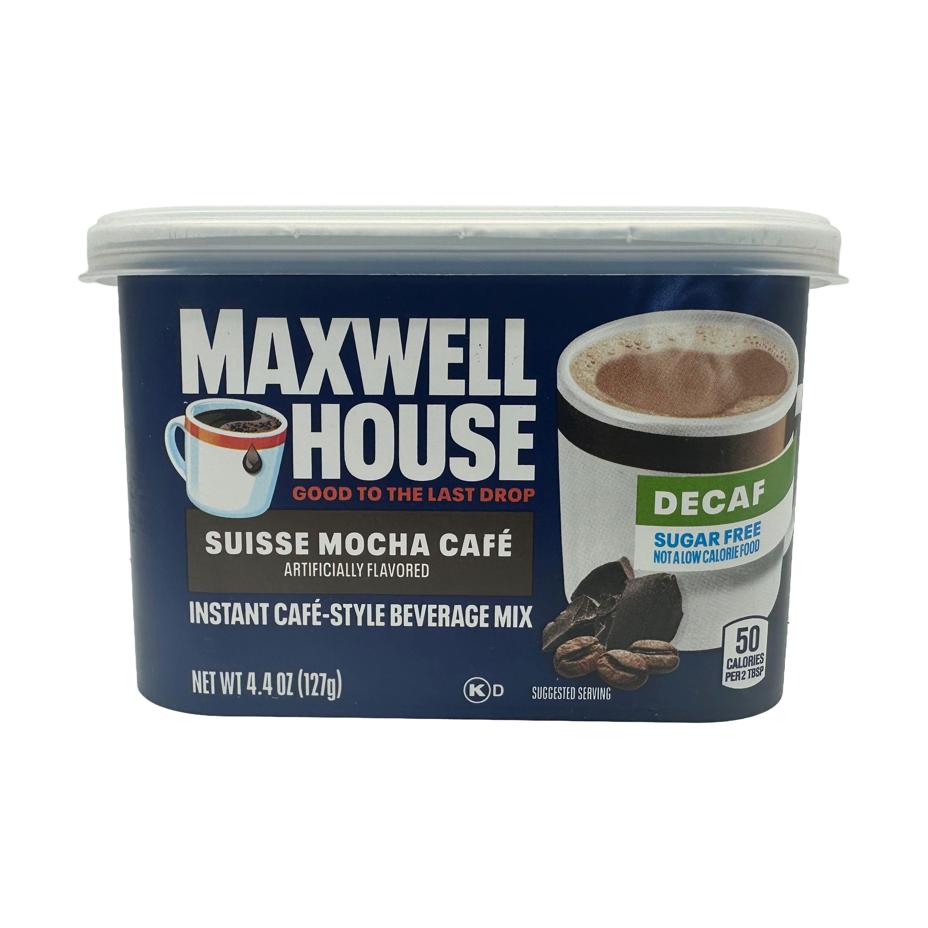 A container of Maxwell House Suisse Mocha Café instant beverage mix, labeled as decaf and sugar-free, features a steaming cup of coffee and coffee beans on the front, highlighting its artificial flavor.