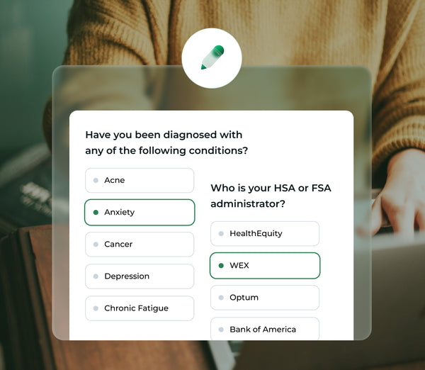 A person fills out a form on a laptop, selecting "Anxiety" from a list of conditions and choosing "WEX" as their HSA or FSA administrator, with a blurred background of a cozy workspace.