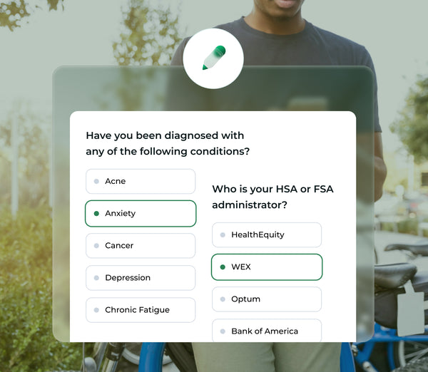 A person is sitting at a laptop outdoors, selecting "Anxiety" from a list of health conditions while filling out a form about HSA or FSA administrators, with bicycles visible in the background.