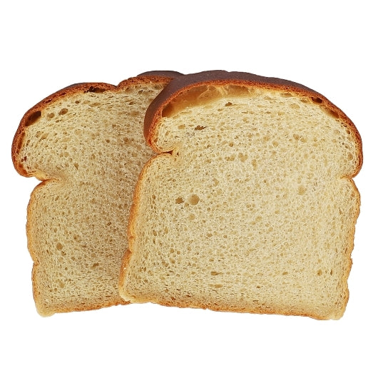 Two slices of light brown bread are stacked together, showcasing their soft texture and even crumb, ideal for sandwiches or toasting.