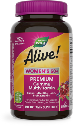 A dark bottle of Nature's Way Alive! Women's 50+ Premium Gummy Multivitamin, featuring a pink lid, labeled with benefits for heart, brain, and bone health, containing 75 gummies.