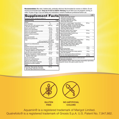 A supplement facts label on a white background details nutritional information and recommendations for a men's health supplement, with a yellow gradient and icons indicating gluten-free and no artificial colors.