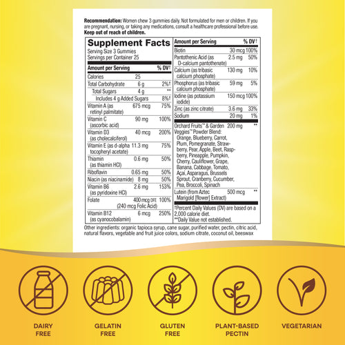 A supplement facts label displays nutritional information for gummies, with a yellow background and icons indicating the product is dairy-free, gelatin-free, gluten-free, plant-based, and vegetarian.
