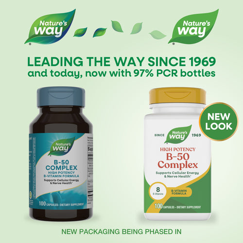 Two bottles of Nature's Way B-50 Complex dietary supplement are displayed side by side, showcasing a new look and highlighting the use of 97% PCR bottles, with text emphasizing the brand's history since 1969.