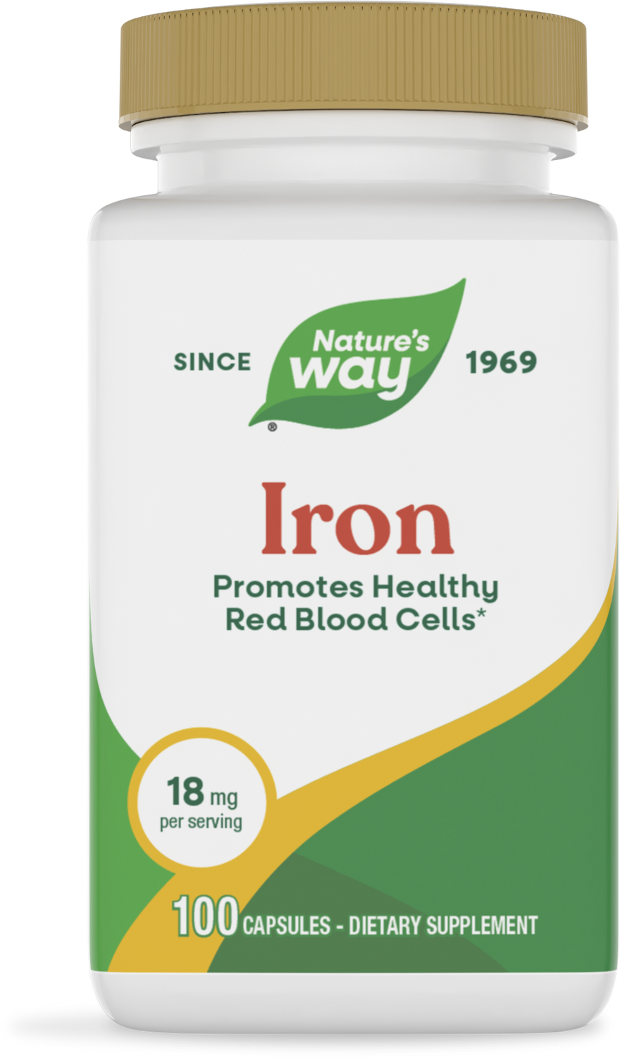 A white bottle of Nature's Way Iron dietary supplement, featuring a gold cap, displays the product name, dosage information, and claims to promote healthy red blood cells, containing 100 capsules.