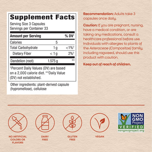 Supplement facts label for a dietary supplement featuring dandelion root, detailing serving size, nutritional information, and health recommendations, with icons indicating it is vegan, gluten-free, and non-GMO.