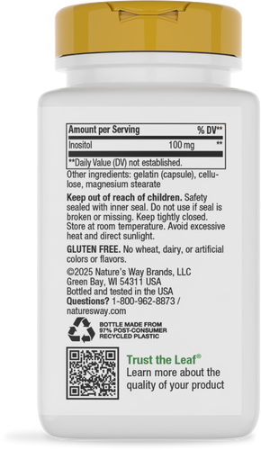 A white supplement bottle with a gold cap displays a label listing ingredients, serving size, and safety instructions, emphasizing that the product contains 100 mg of Inositol and is gluten-free.