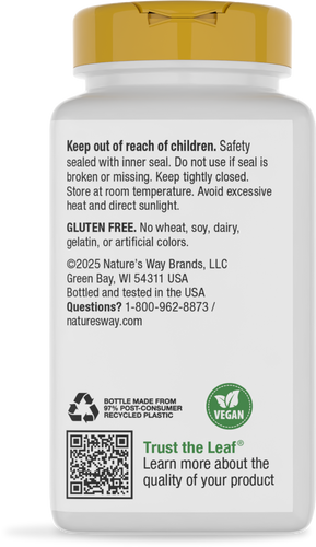 A white supplement bottle with a yellow cap displays safety information, including storage instructions and a gluten-free label, against a plain background.