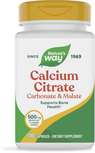 A white bottle of Nature's Way Calcium Citrate dietary supplement, featuring a yellow cap, labeled with "500 mg calcium per 2-capsule serving" and "Supports Bone Health," contains 100 capsules.
