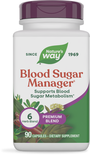 A white bottle of Nature's Way Blood Sugar Manager dietary supplement, featuring a purple lid, labeled with "Supports Blood Sugar Metabolism" and containing 90 capsules in a 6 herb blend.