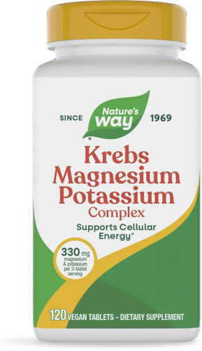 A white bottle of Nature's Way Krebs Magnesium Potassium Complex dietary supplement, featuring a yellow cap, labeled with "Supports Cellular Energy" and containing 120 vegan tablets.