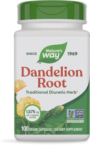 A white bottle of Nature's Way Dandelion Root dietary supplement, featuring a green cap, displays the product name, dosage information, and a floral design, indicating it contains 100 vegan capsules.